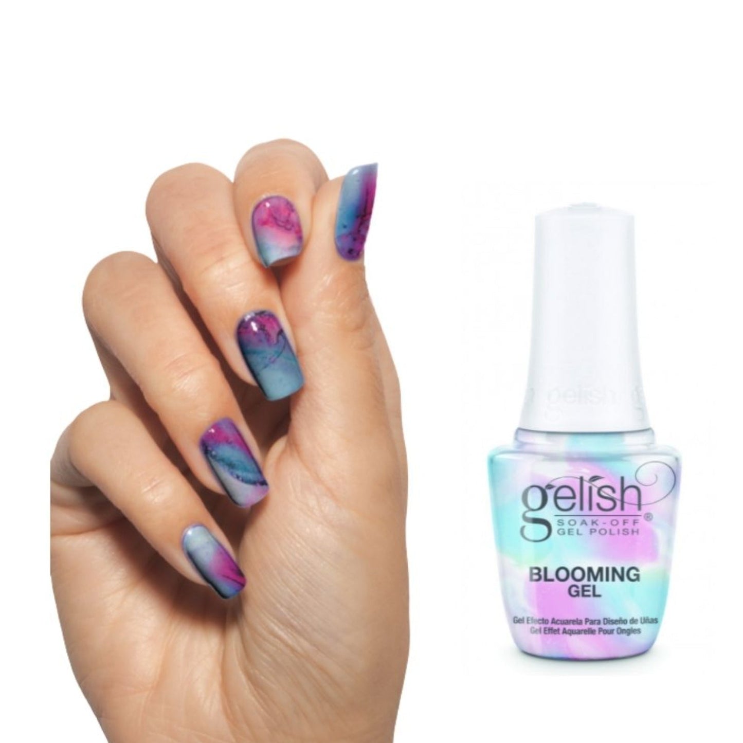 Hand with colorful nail art next to a bottle of Gelish blooming gel polish on a white background