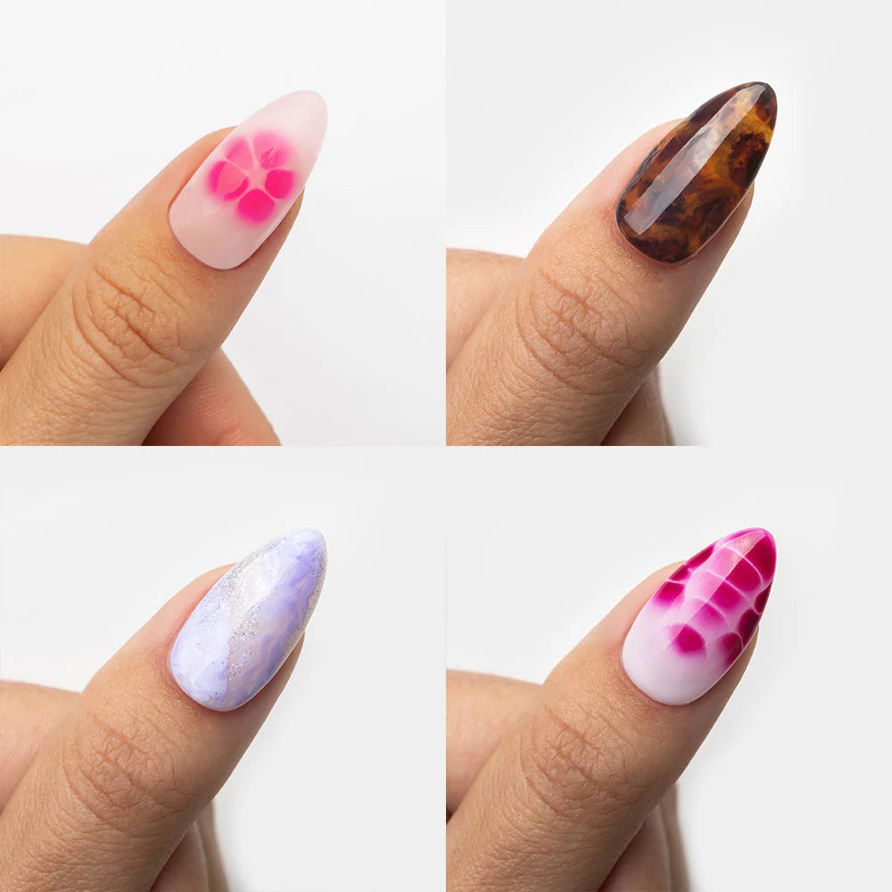 Four different nail designs using blooming gel on a white background