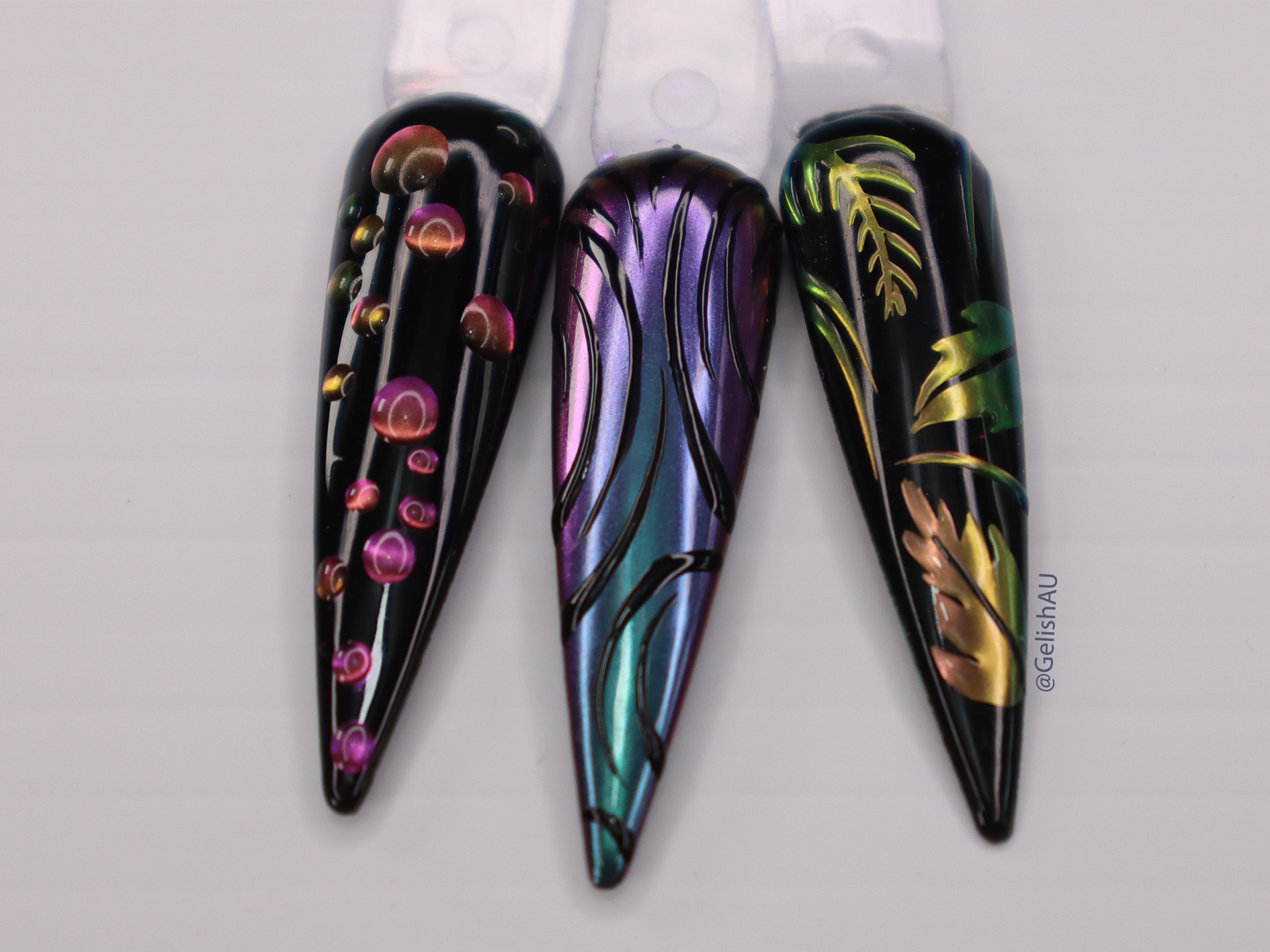 Three decorative nail art designs on a gray background using gelish chromestix chrome pigments