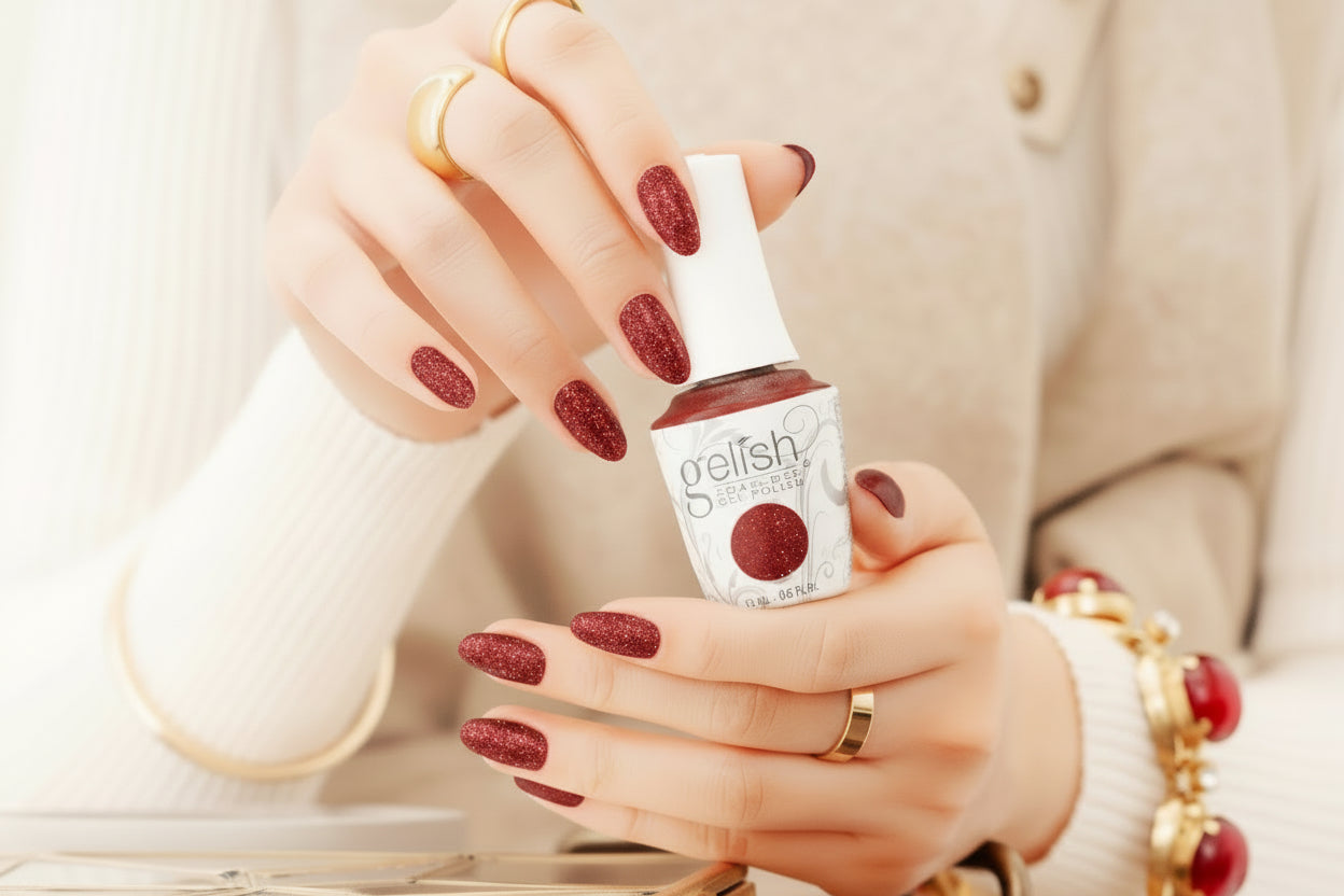 hand with Gelish Good Gossip on the nails