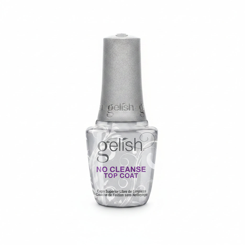 Gelish No Cleanse High Shine Top Coat with a no-wipe soak-off formula for long-lasting gloss, chrome application and gel polish protection.