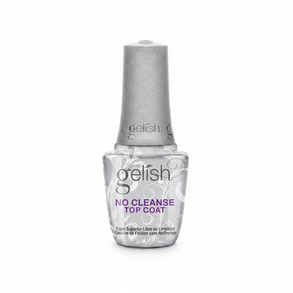 Gelish No Cleanse High Shine Top Coat with a no-wipe soak-off formula for long-lasting gloss, chrome application and gel polish protection.