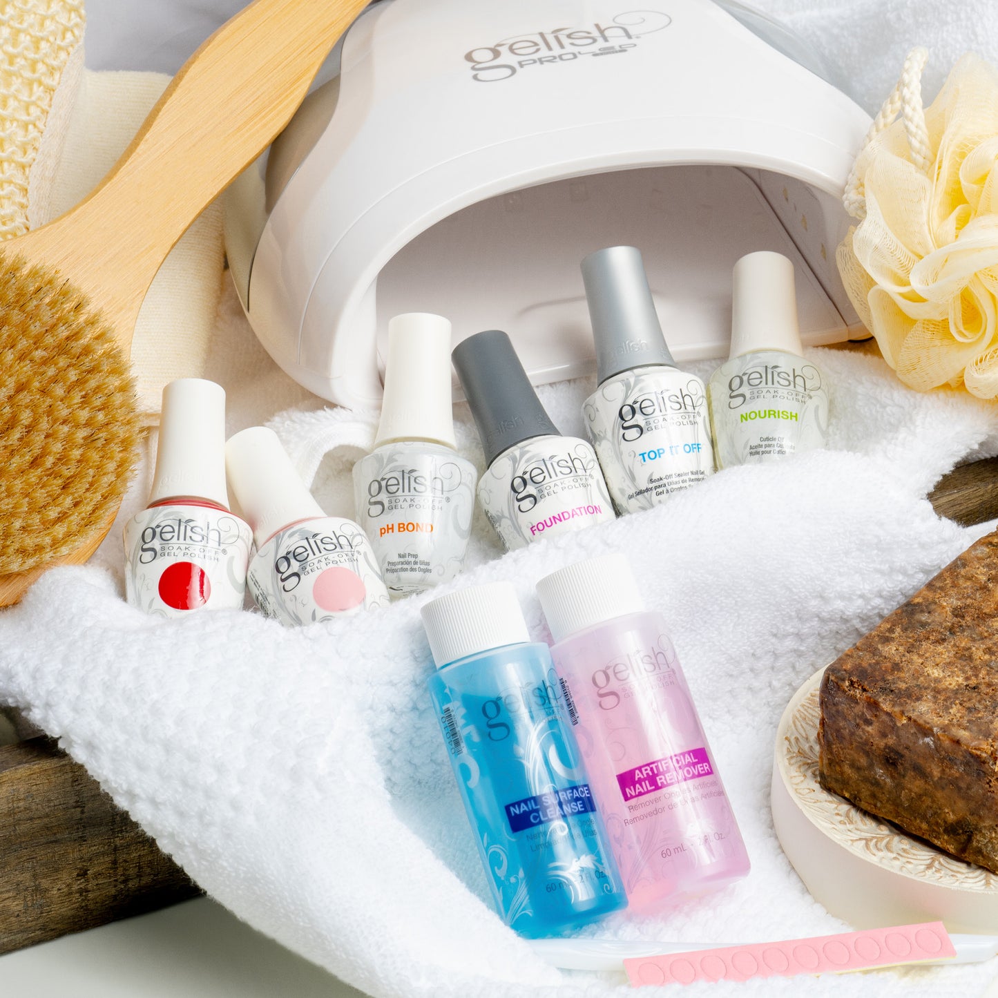 Gelish Pro Kit featuring professional gel polish essentials including LED lamp, Foundation, Top It Off, pH Bond, Nourish Cuticle Oil, Nail Surface Cleanse and Artificial Nail Remover.