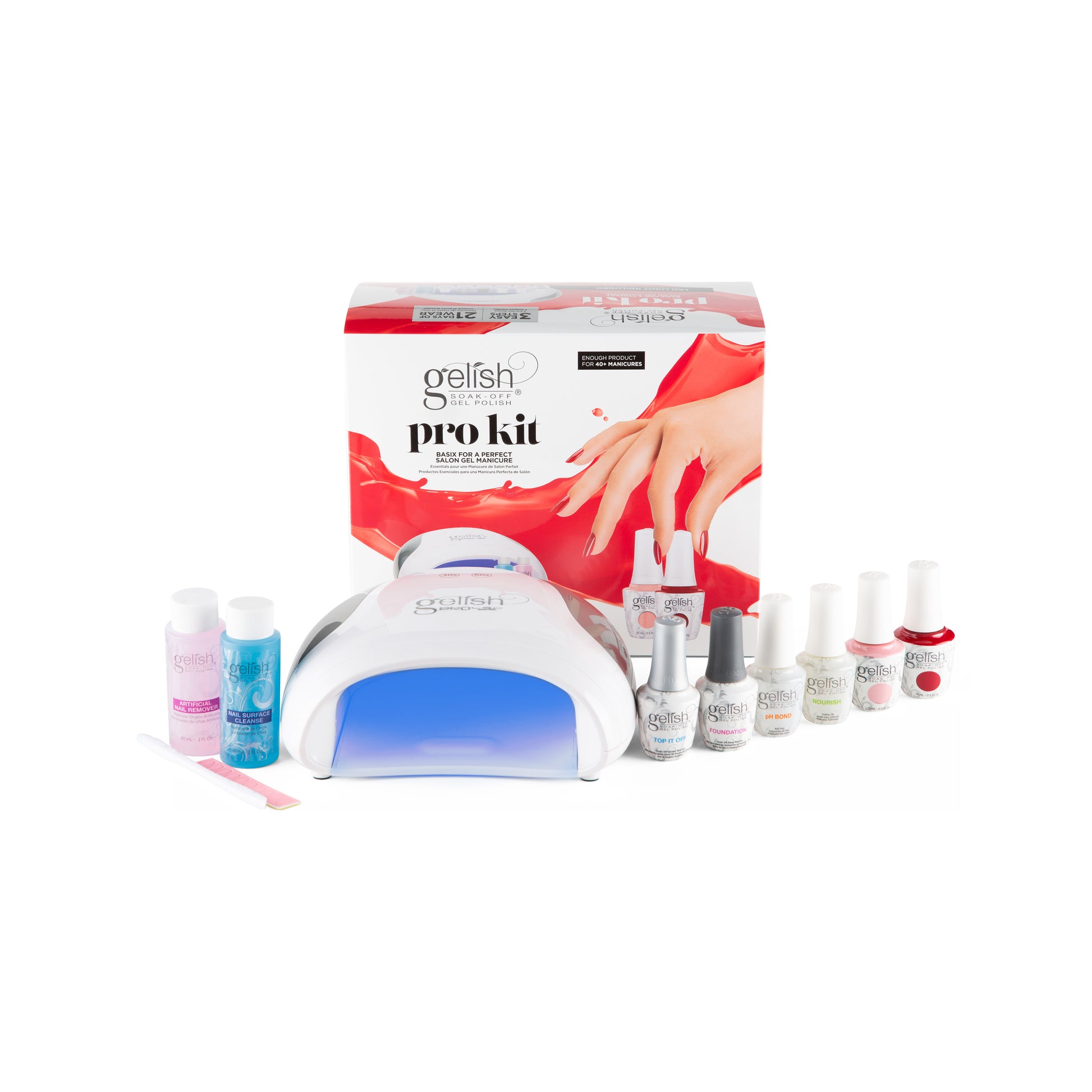Gelish nail polish kit with lamp and bottles on a white background