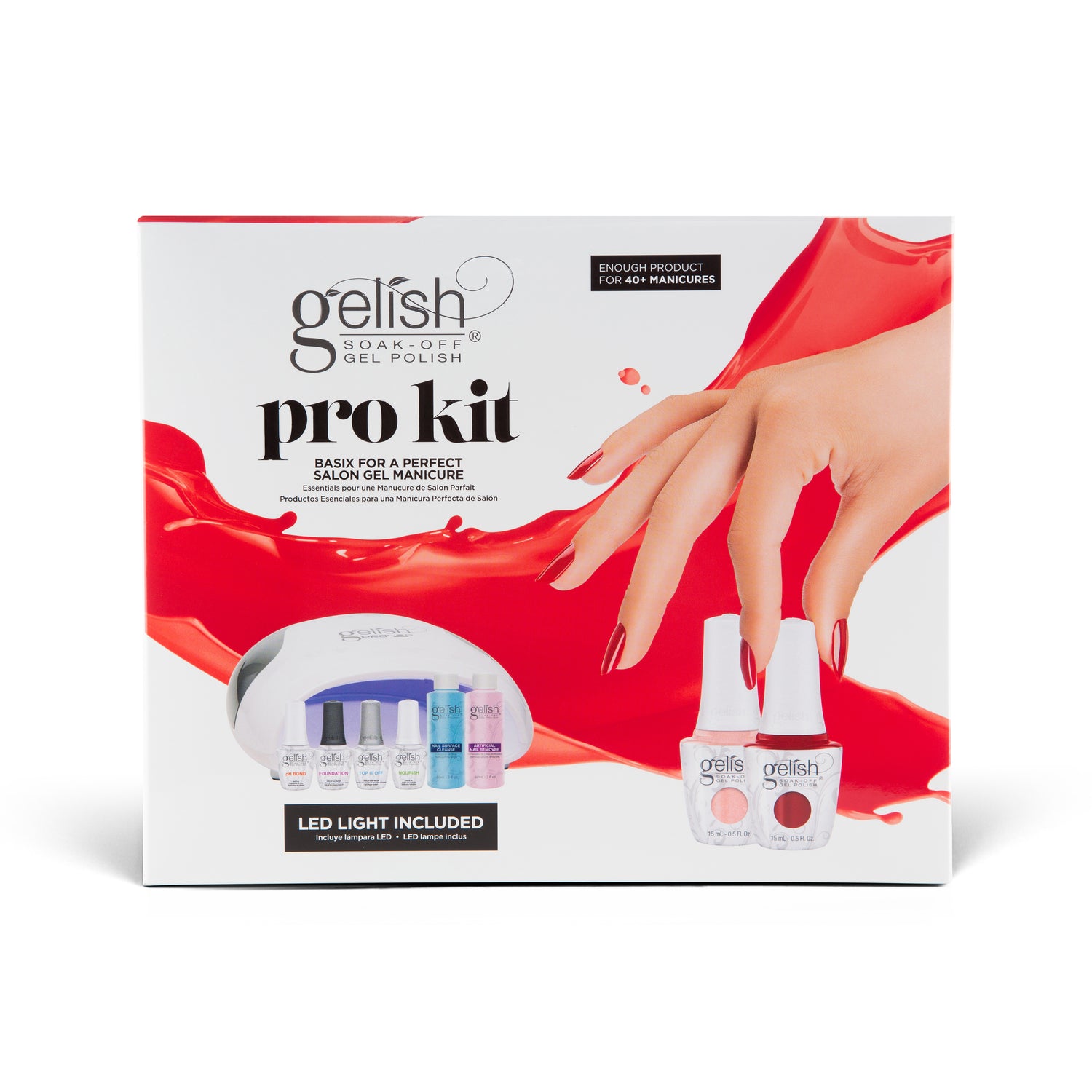 Gelish nail polish kit packaging with a hand showing painted nails on a white background