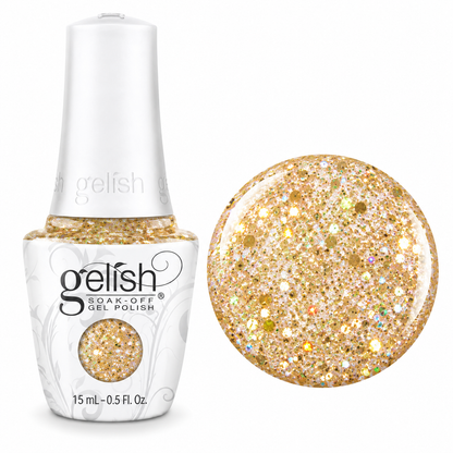 Gelish soak off gel polish in colour all that glitters is gold 15ml bottle and colour swatch