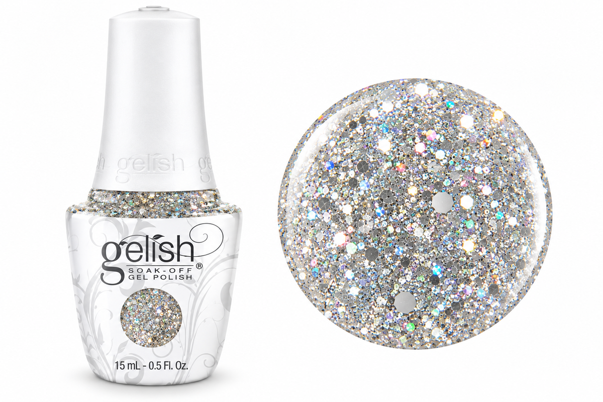 gelish soak off gel polish in colour am i making you gelish a silver glitter with different size glitters creating a holographic effect 15ml bottle and swatch