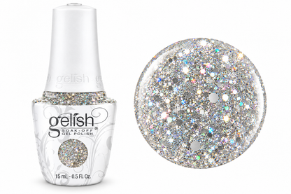 gelish soak off gel polish in colour am i making you gelish a silver glitter with different size glitters creating a holographic effect 15ml bottle and swatch