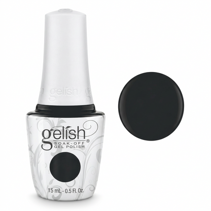 Gelish soak off gel polish in colour Black shadow. An opaque black creme shade. 15ml bottle with colour swatch 