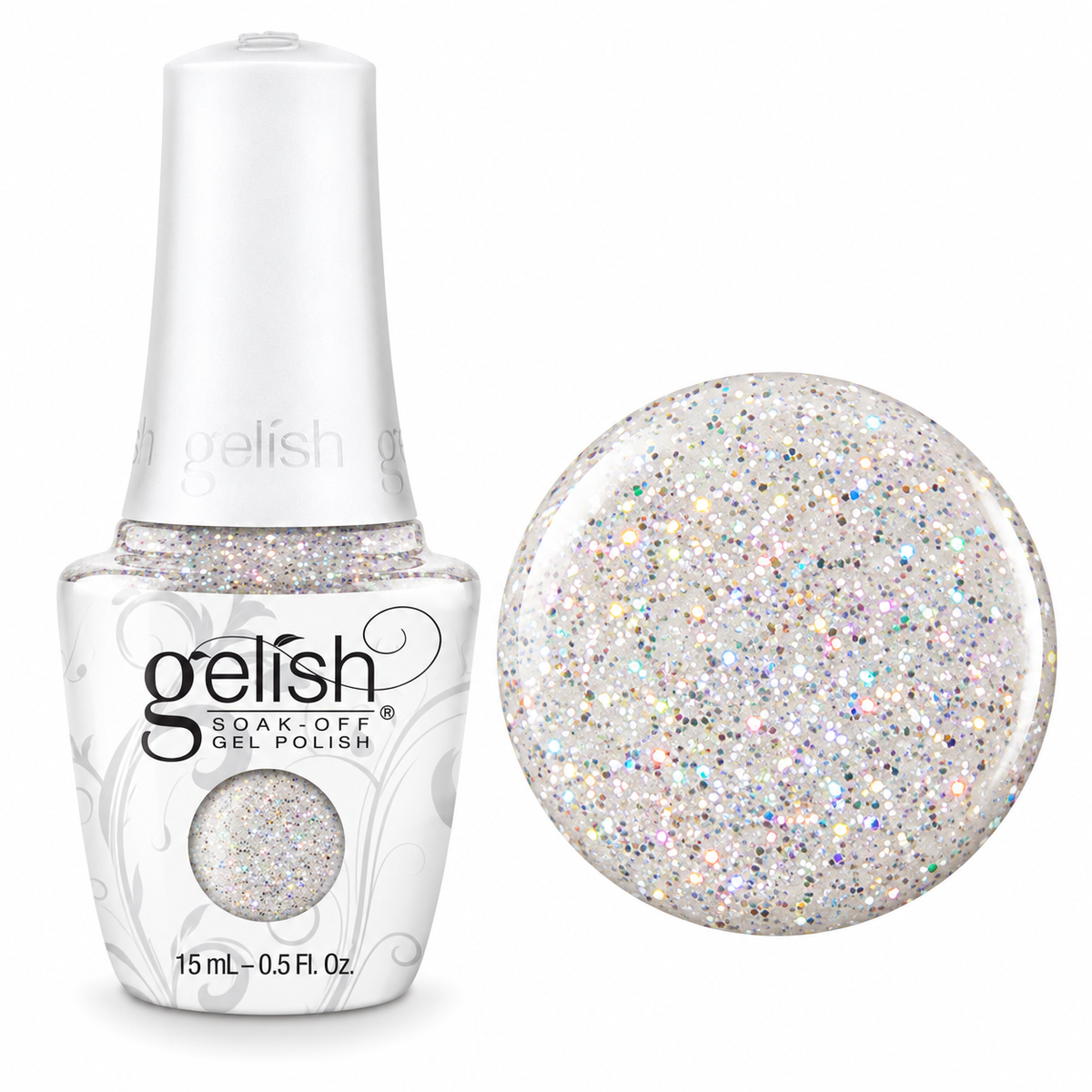 Gelish soak off gel polish colour fame game a silver hologrqaphic glitter 15ml bottle and swatch 