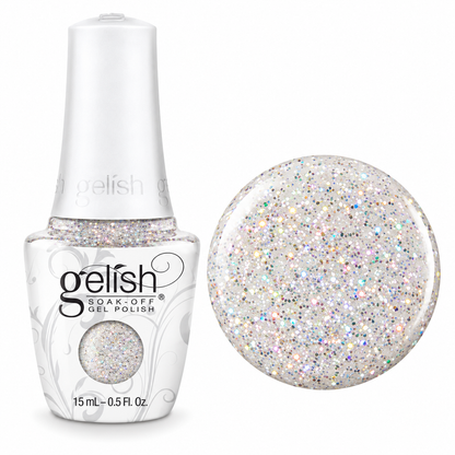 Gelish soak off gel polish colour fame game a silver hologrqaphic glitter 15ml bottle and swatch 