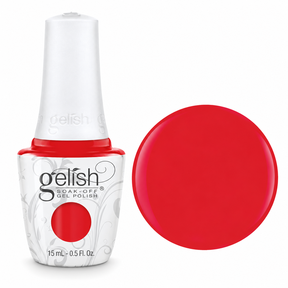 Gelish soak of gel polsih bottle in shade fire cracker with colour swatch 