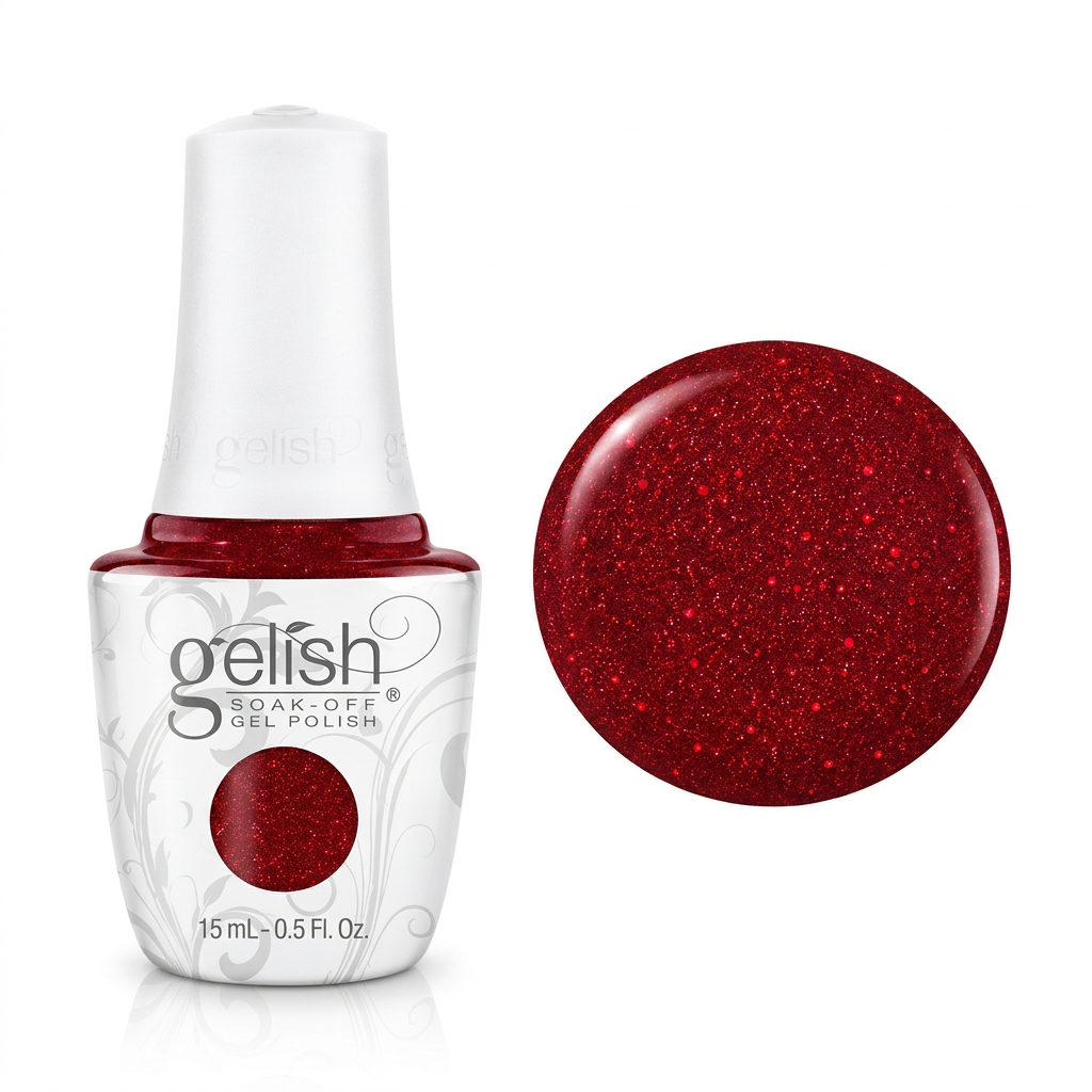 Gelish soak off gel polish in colour good gossip a red glitter shade. 15ml bottle with colour swatch