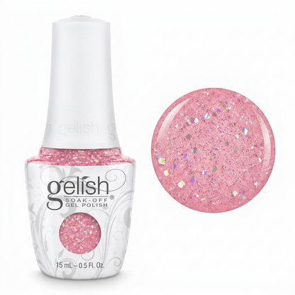 Gelish soak off gel polish in colour June Bride a pink base with silver hologrpahic glitter. 15ml bottle and swatch