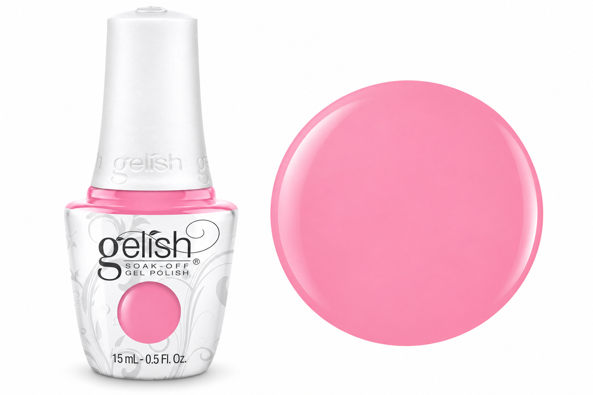 Gelish soak off gel polish in colour look at you pink-achu a bubble gum pink 15ml bottle and colour swatch