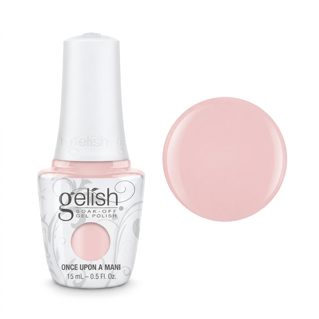 Gelish soak off gel polish in colour once upon a mani a soft pastel pink creme shade. 15ml bottle with colour swatch