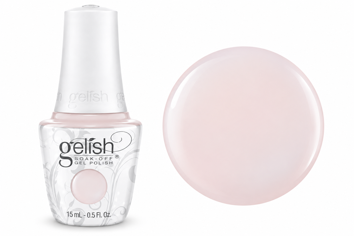Gelish soak off gel polish in colour sheer & silk an off white semi sheer nude 15ml bottle and colour swatch