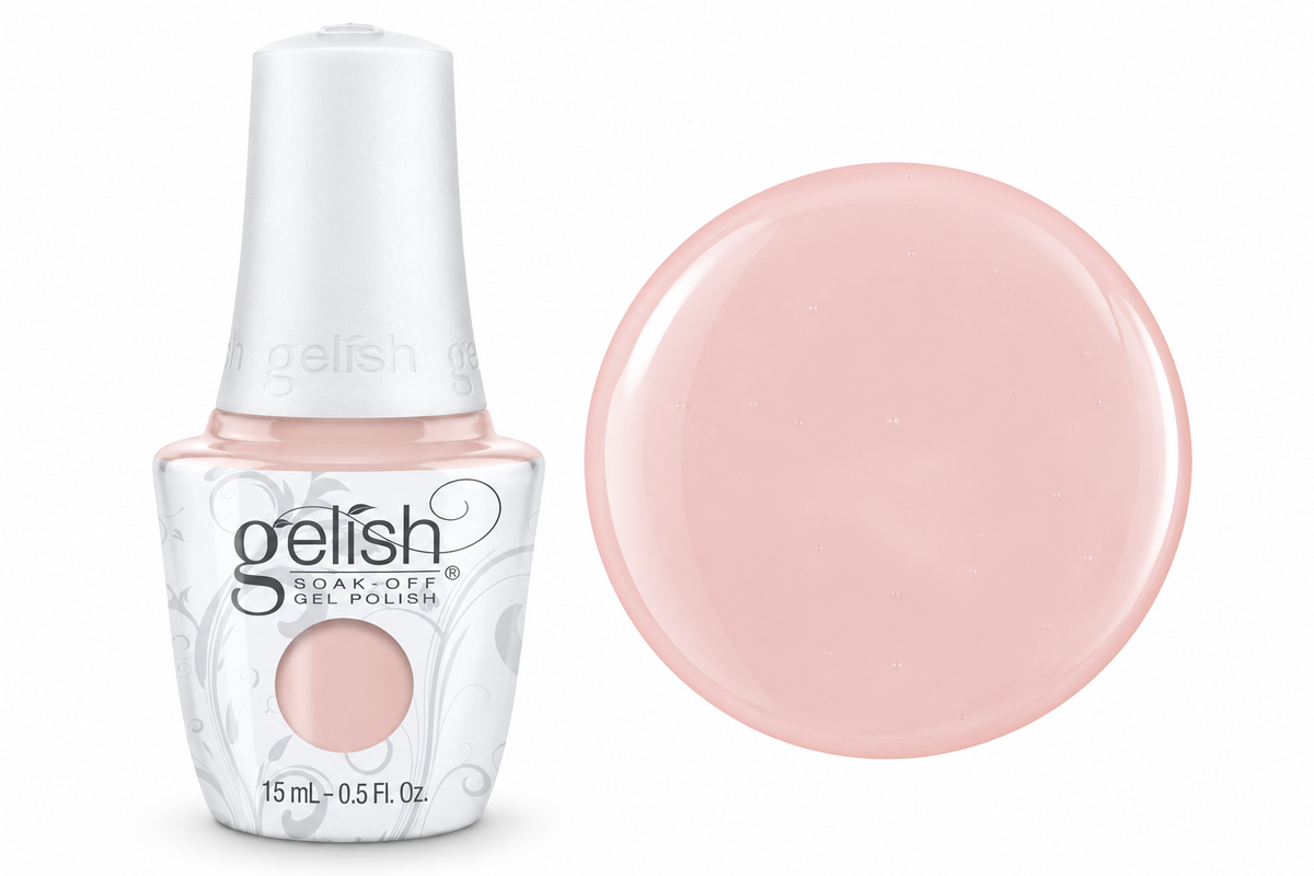 Gelish soak off gel polish in colour tan me hide a nude beige with pink undertones a creme shade 15ml bottle with colour swatch