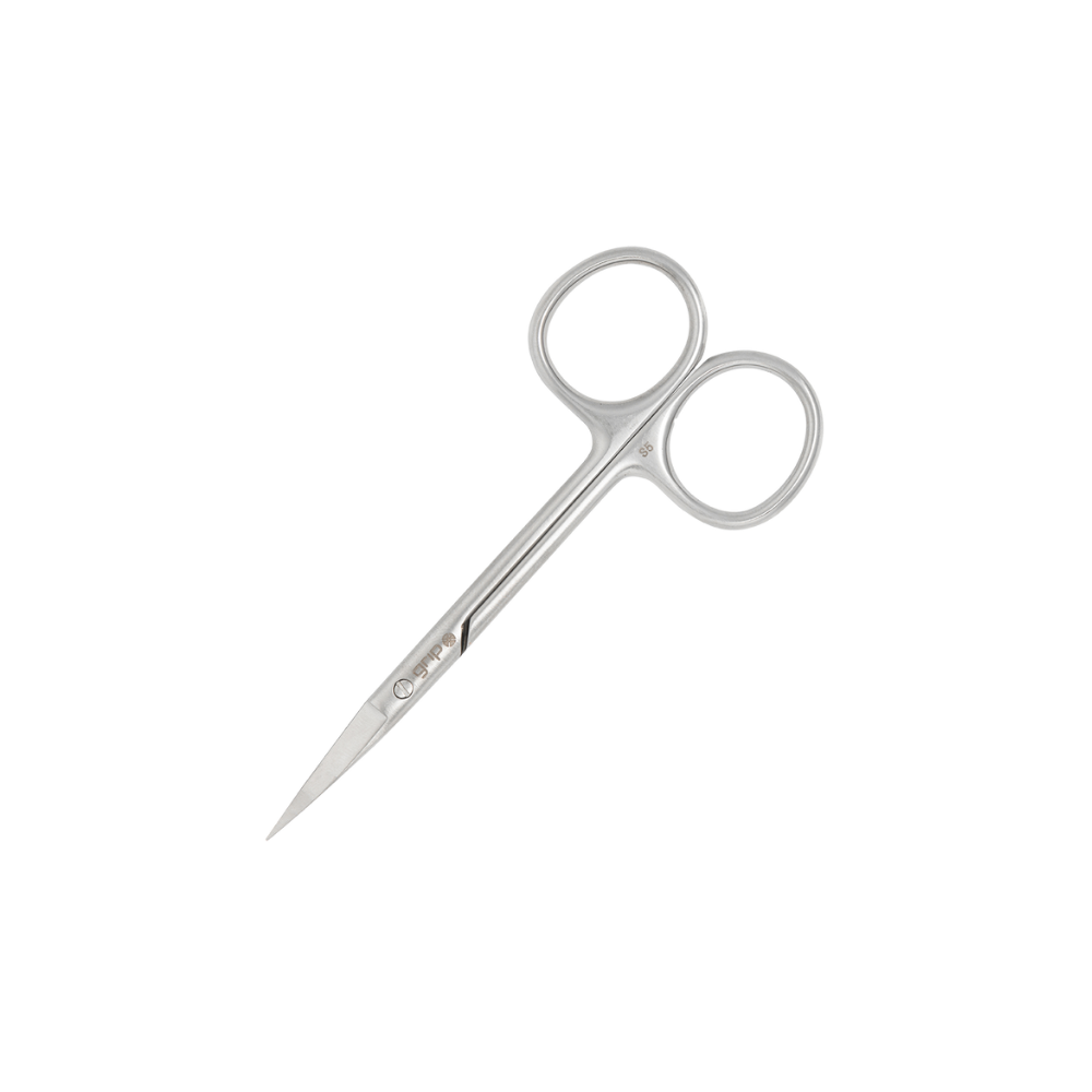 Pair of silver precision scissors on a white background