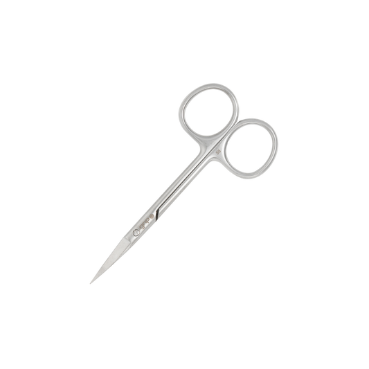 Pair of silver precision scissors on a white background