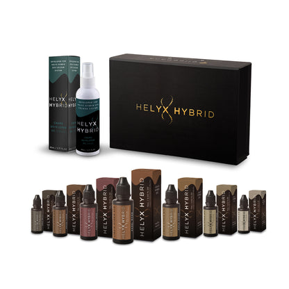 Helyx Hybrid brow dye starter kit with hybrid tint colours and cream developer