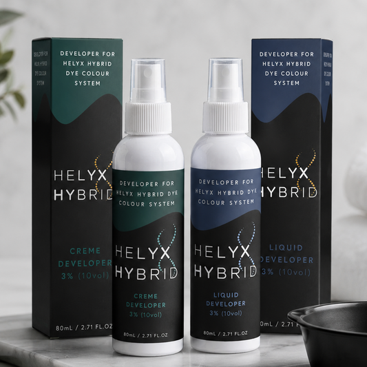 Helyx Hybrid Creme Developer and Liquid Developer lifestyle image with professional lash and brow tinting accessories in a modern salon setting