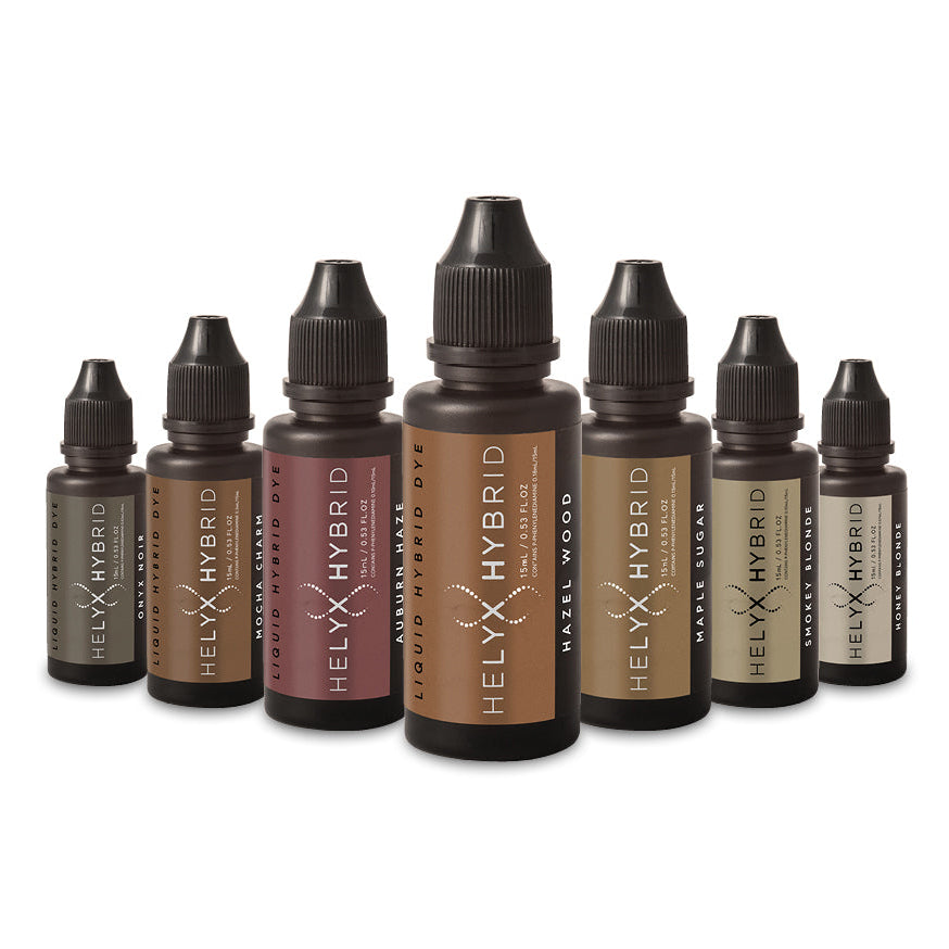 Helyx Hybrid liquid hybrid dye full shade range including Auburn Haze, Hazel Wood, Honey Blonde, Maple Sugar, Mocha Charm, Onyx Noir and Smokey Blonde
