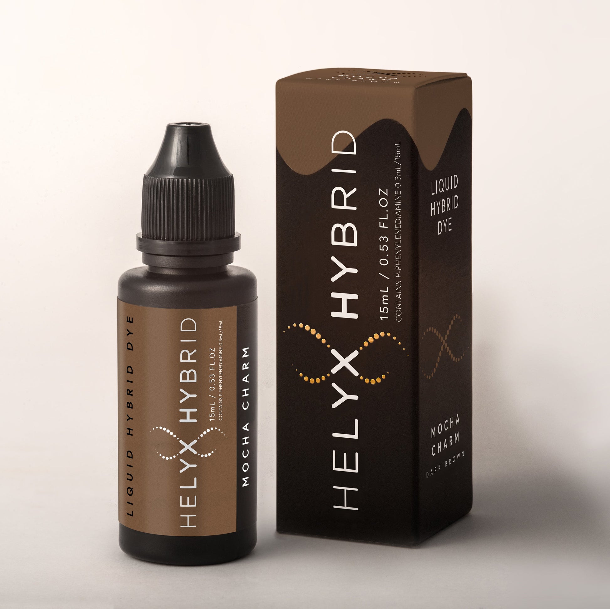 Helyx Hybrid Mocha Charm liquid hybrid brow dye with retail packaging