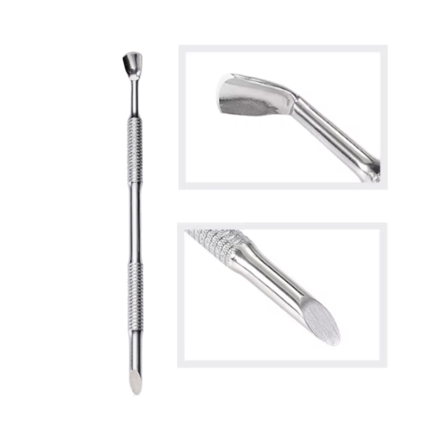 Stainless steel cutcile tool with different ends on a white background