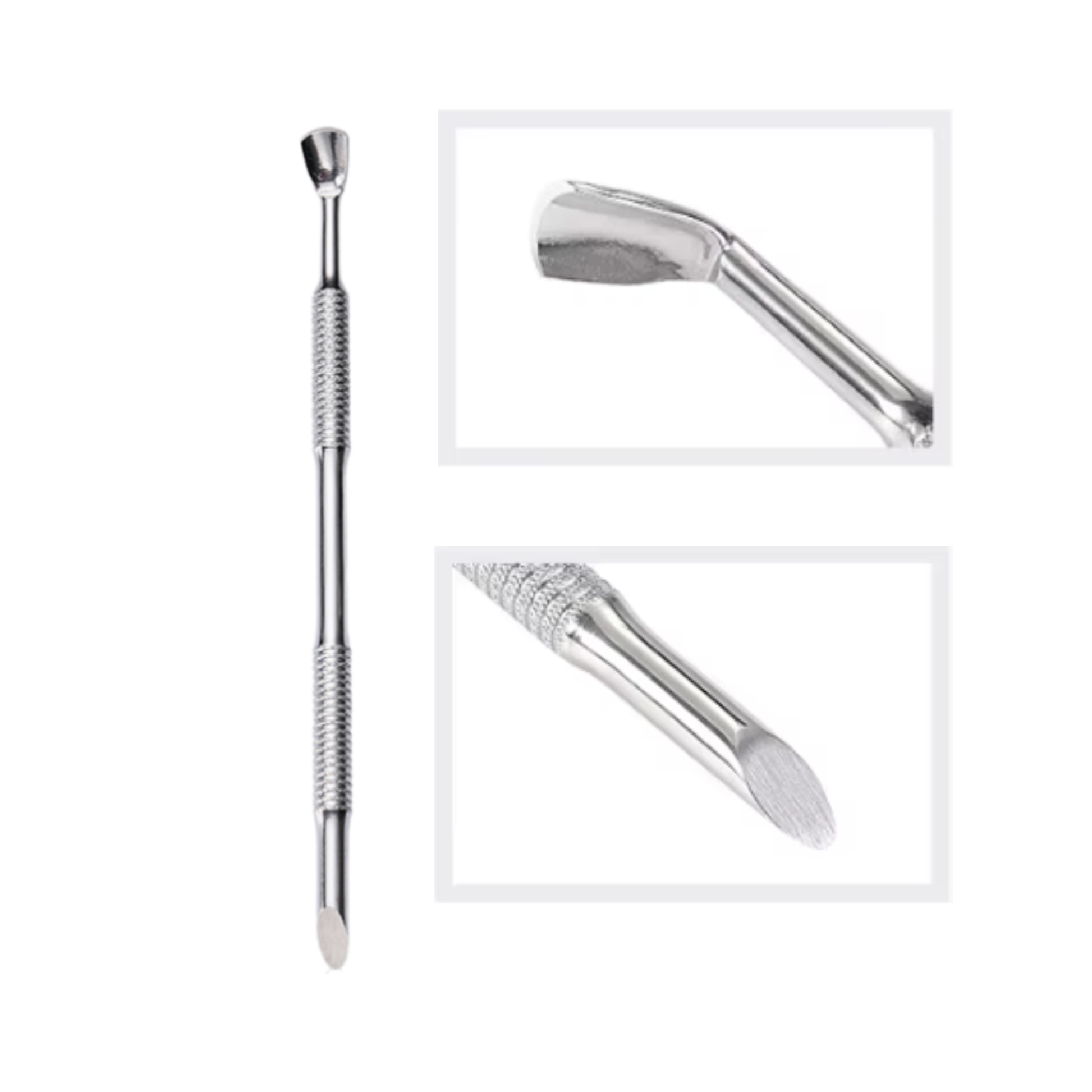 Stainless steel cutcile tool with different ends on a white background