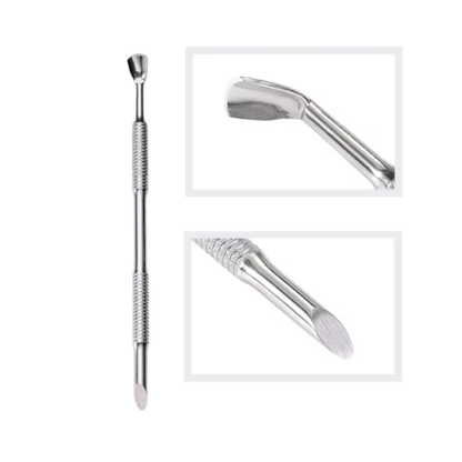 Stainless steel cutcile tool with different ends on a white background