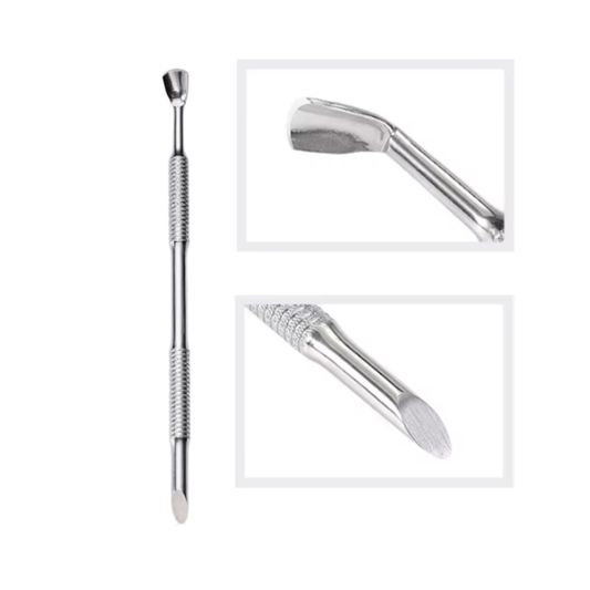 Stainless steel cutcile tool with different ends on a white background