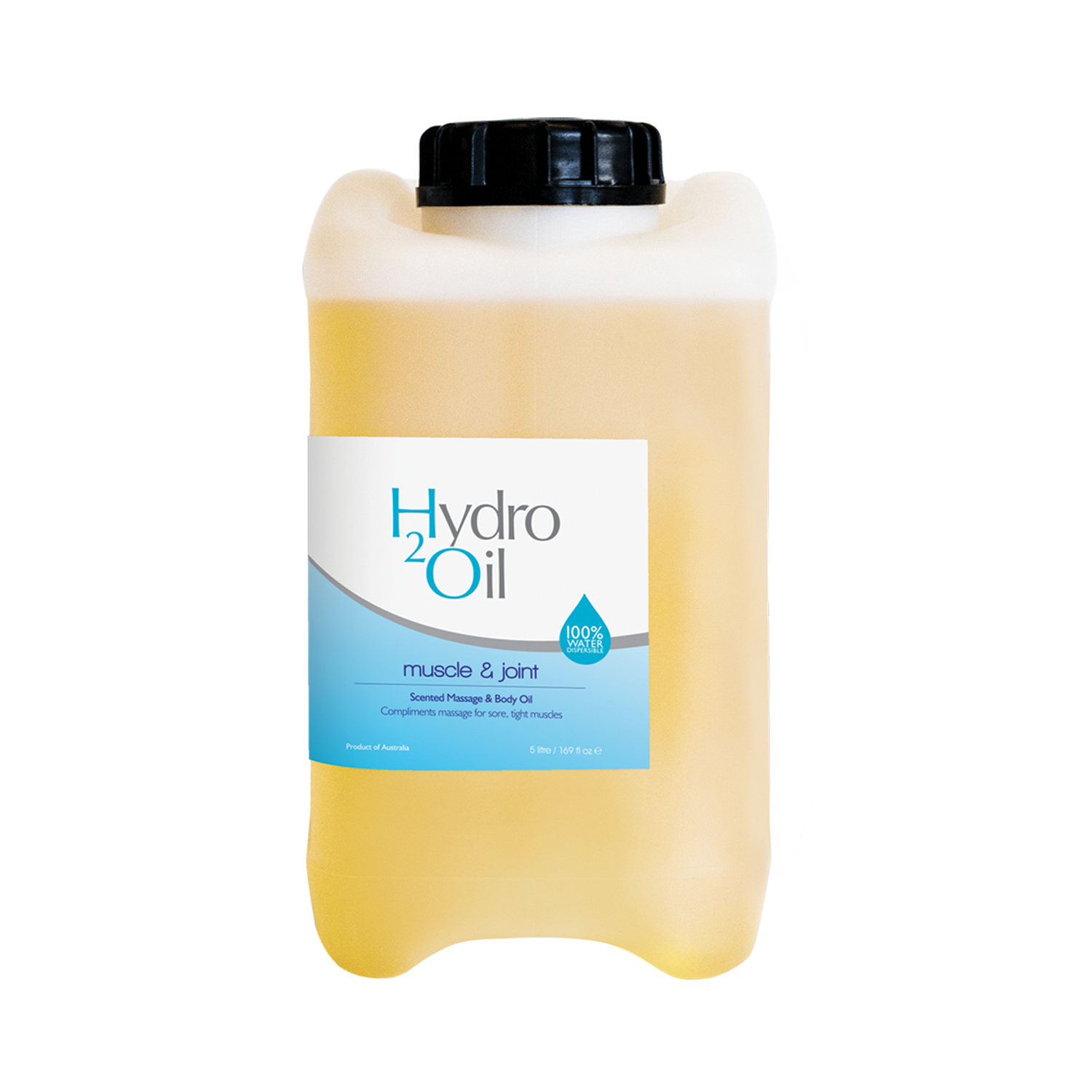 5 litre Hydro2Oil container for muscle and joint massage oil on a white background