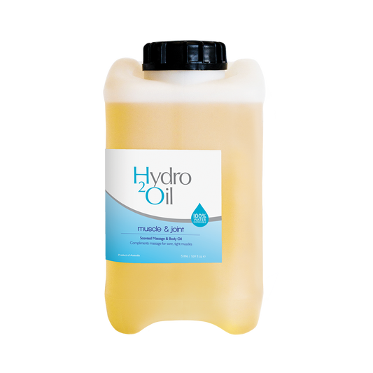 5 litre Hydro2Oil container for muscle and joint massage oil on a white background