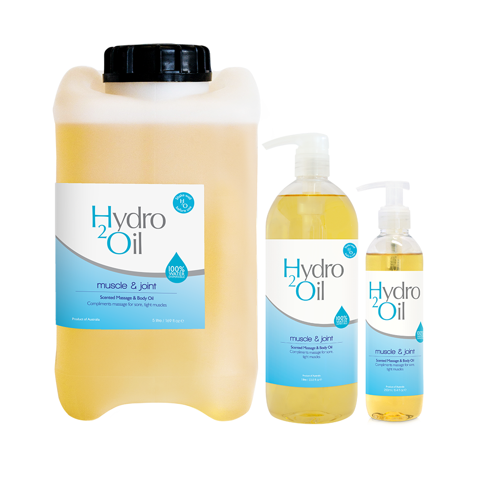 Hydro2Oil muscle & joint products including a large container and two smaller bottles on a white background