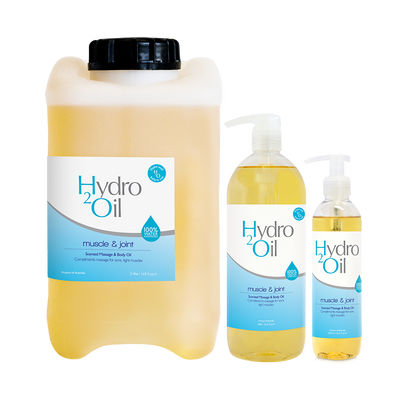 Hydro2Oil muscle & joint products including a large container and two smaller bottles on a white background