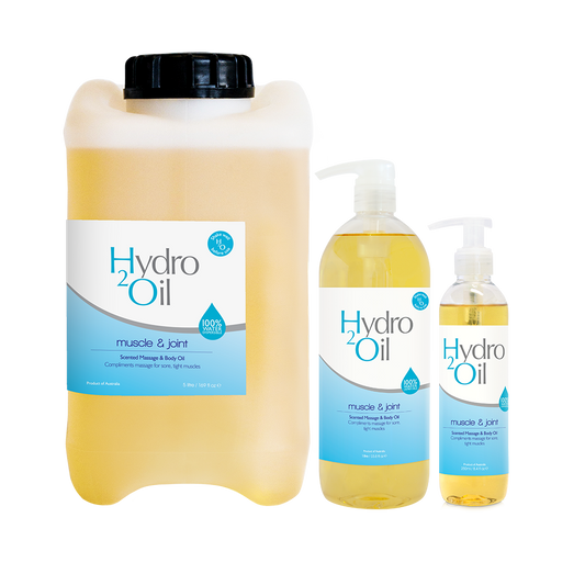 Hydro2Oil muscle & joint products including a large container and two smaller bottles on a white background