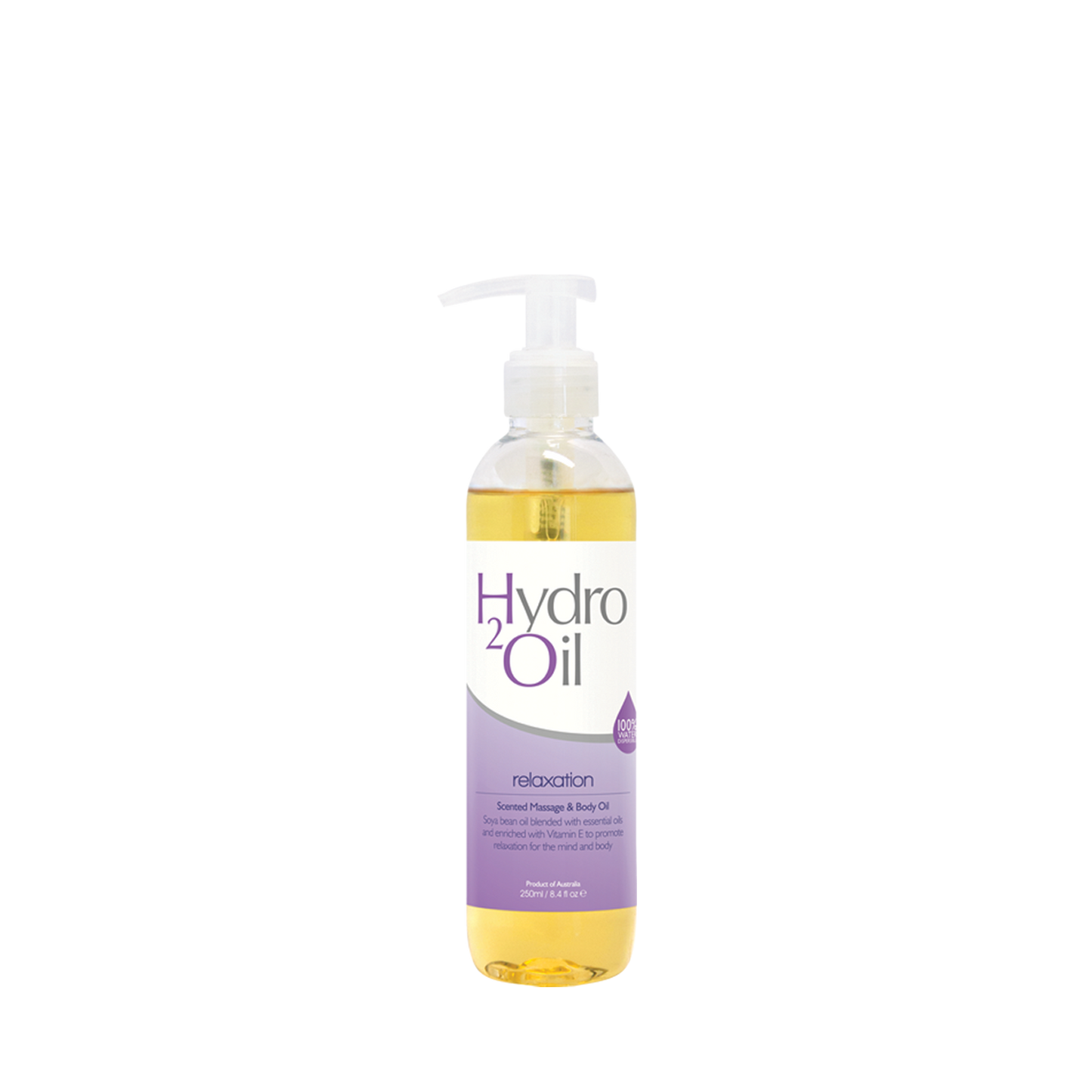 250ml Bottle of Hydro2Oil relaxation on a white background