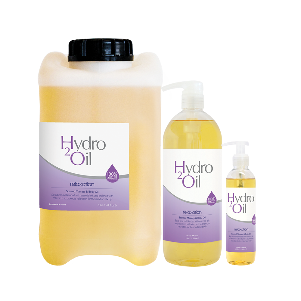 Hydro 2 Oil relaxation product lineup on a white background