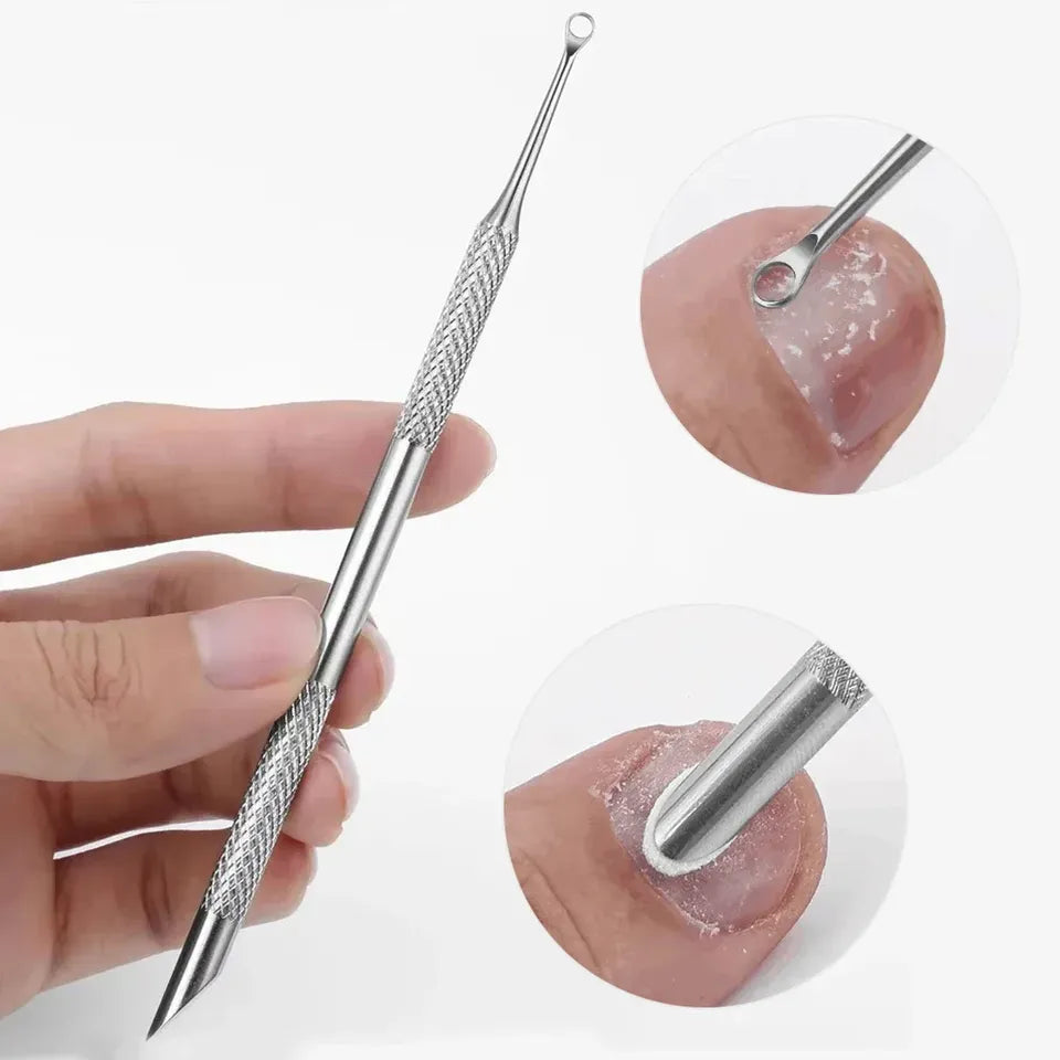 Stainless steel nail cuticle loop nail tool held by a hand with close-up insets showing its use on a nail to remove cuticle