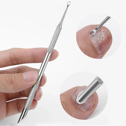 Stainless steel nail cuticle loop nail tool held by a hand with close-up insets showing its use on a nail to remove cuticle