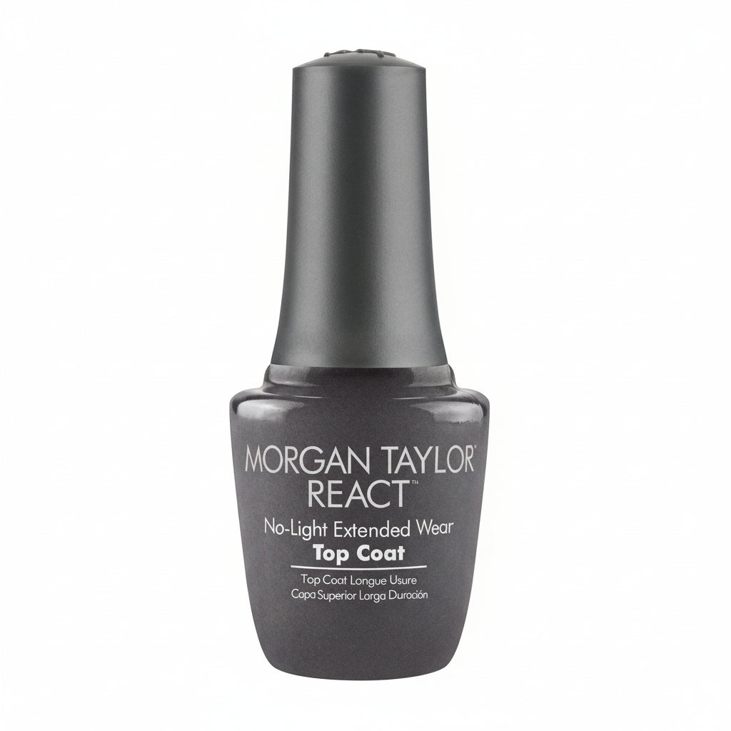 Morgan Taylor React top coat nail polish bottle on a white background