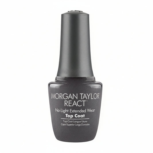 Morgan Taylor React top coat nail polish bottle on a white background