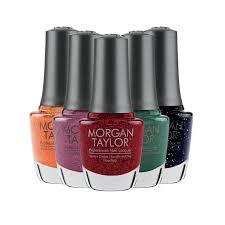 Set of Morgan Taylor nail polish bottles in various colors with black caps.
