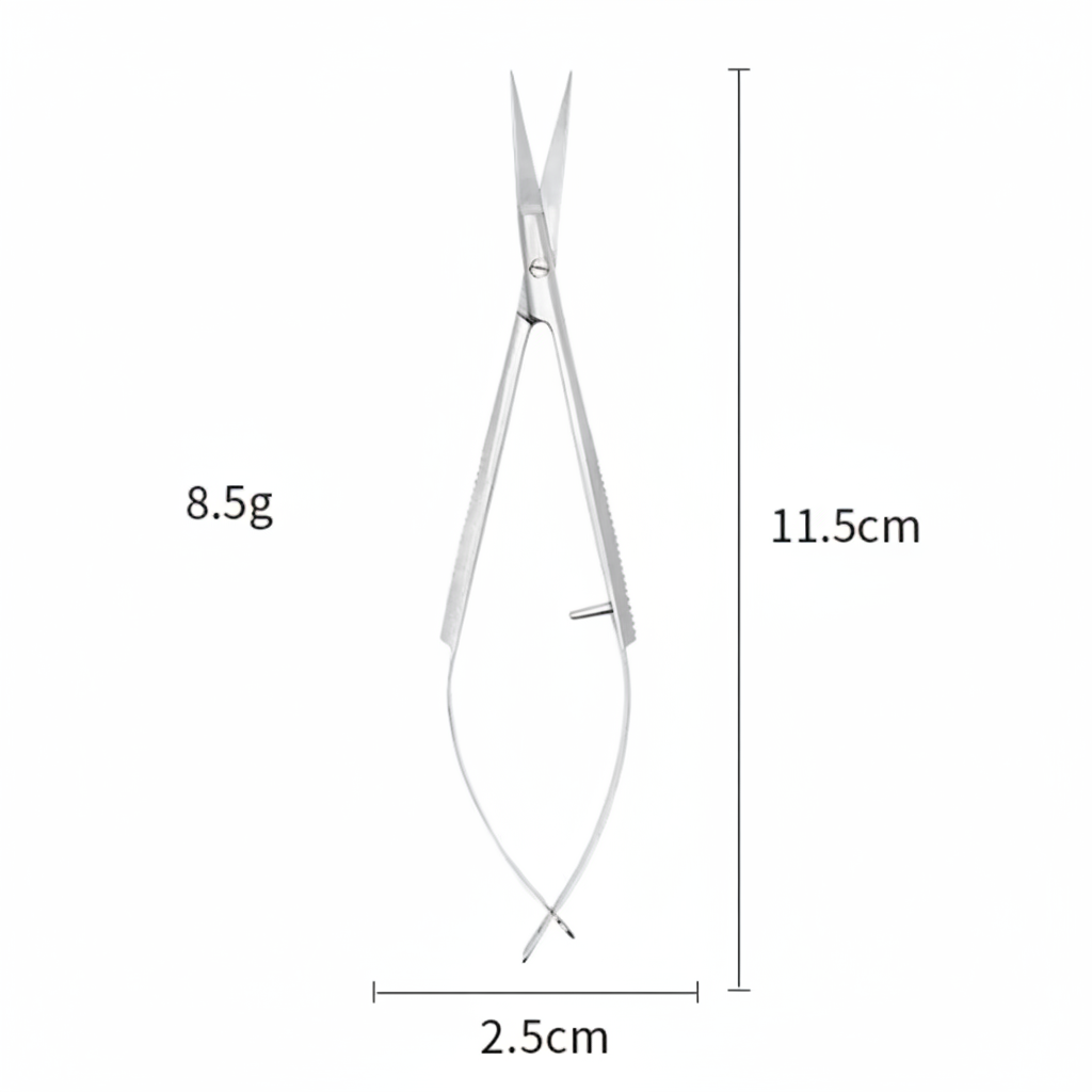 Pair of silver cuticle scissors with measurements on a white background
