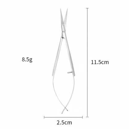 Pair of silver cuticle scissors with measurements on a white background
