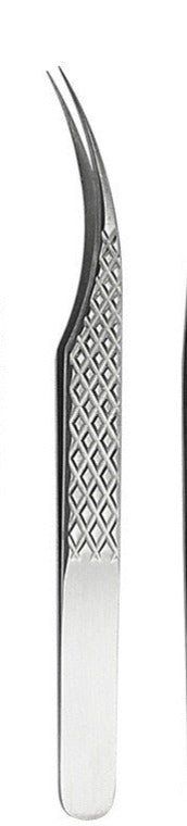 Professional curved stainless steel lash extension tweezer for accurate lash pickup and placement, hybrid tweezers.