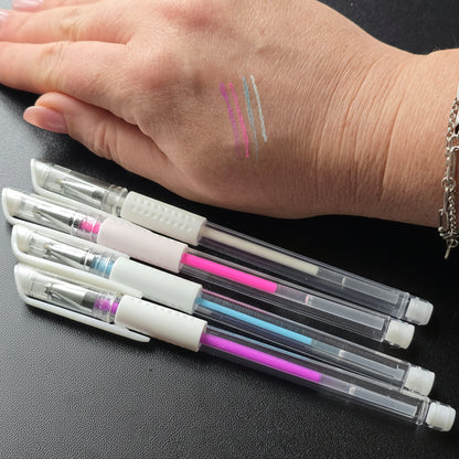 Professional skin mapping pens with visible colour swatches on skin for brow mapping, PMU outlining and beauty services