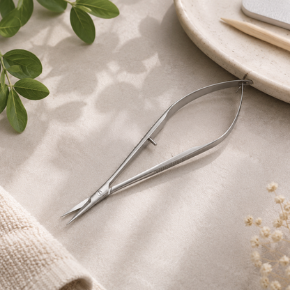 Professional stainless steel cuticle scissors displayed in a clean, minimalist nail care setting for professional manicure and pedicure services.