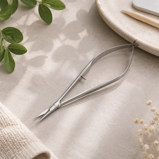 Professional stainless steel cuticle scissors displayed in a clean, minimalist nail care setting for professional manicure and pedicure services.
